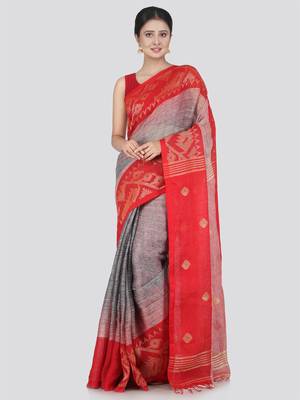PinkLoom Women's Grey Hand_Woven Linen Saree With Blouse 1