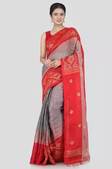 PinkLoom Women's Grey Hand_Woven Linen Saree With Blouse