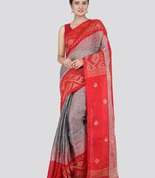 PinkLoom Women's Grey Hand_Woven Linen Saree With Blouse
