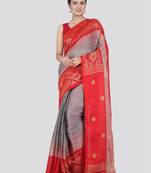 PinkLoom Women's Grey Hand_Woven Linen Saree With Blouse