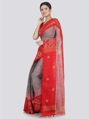 PinkLoom Women's Grey Hand_Woven Linen Saree With Blouse 2