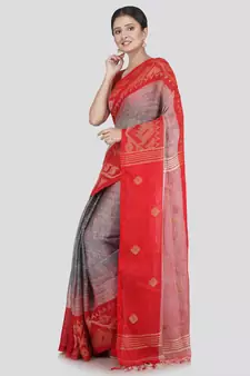 PinkLoom Women's Grey Hand_Woven Linen Saree With Blouse