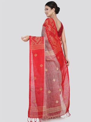 PinkLoom Women's Grey Hand_Woven Linen Saree With Blouse 3