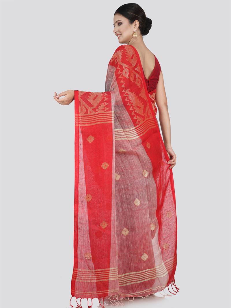 PinkLoom Women's Grey Hand_Woven Linen Saree With Blouse