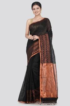 PinkLoom Women's Black Hand_Woven Matka_Silk Saree With Blouse