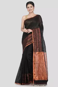 PinkLoom Women's Black Hand_Woven Matka_Silk Saree With Blouse