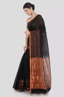 PinkLoom Women's Black Hand_Woven Matka_Silk Saree With Blouse
