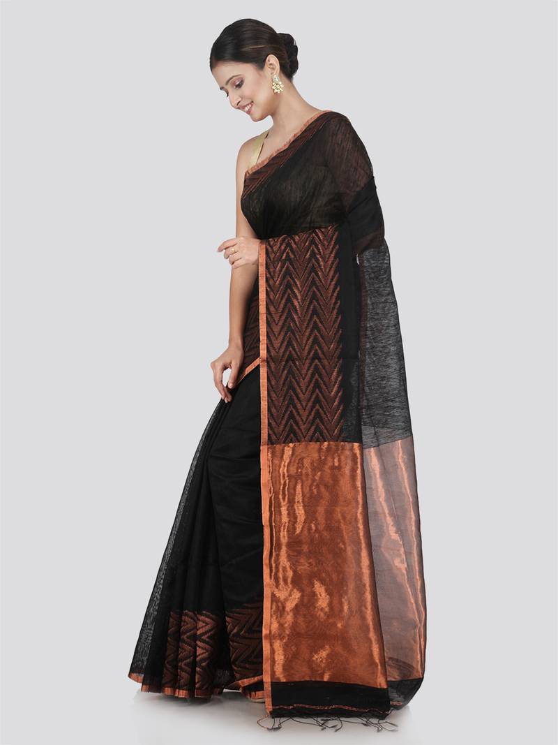 PinkLoom Women's Black Hand_Woven Matka_Silk Saree With Blouse