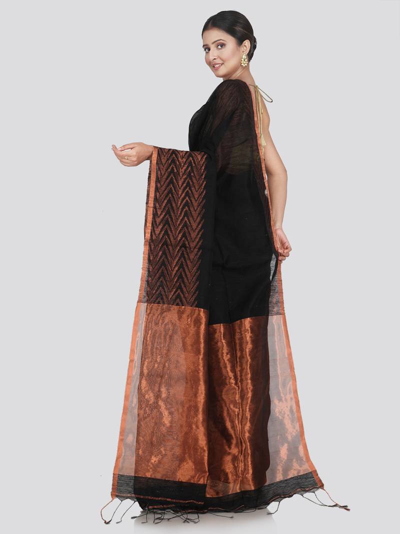 PinkLoom Women's Black Hand_Woven Matka_Silk Saree With Blouse