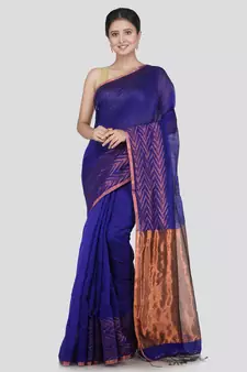 PinkLoom Women's Blue Hand_Woven Matka_Silk Saree With Blouse