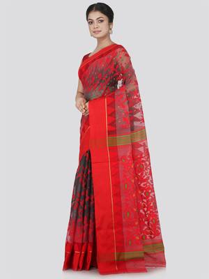 Pinkloom Women'S Grey Hand_Woven Cotton Jamdani Sarees Without Blouse 1