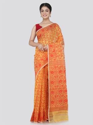 Pinkloom Women'S Yellow Hand_Woven Cotton Jamdani Saree Without Blouse 1