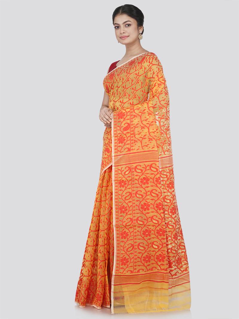 Pinkloom Women'S Yellow Hand_Woven Cotton Jamdani Saree Without Blouse