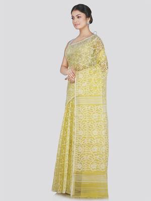 Pinkloom Women'S Yellow Hand_Woven Cotton Jamdani Saree Without Blouse 1
