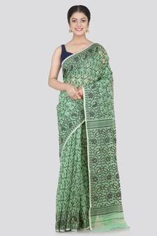 Pinkloom Women'S Green Hand_Woven Cotton Jamdani Saree Without Blouse