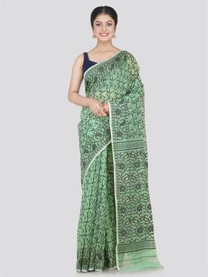Pinkloom Women'S Green Hand_Woven Cotton Jamdani Saree Without Blouse 1