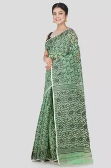 Pinkloom Women'S Green Hand_Woven Cotton Jamdani Saree Without Blouse