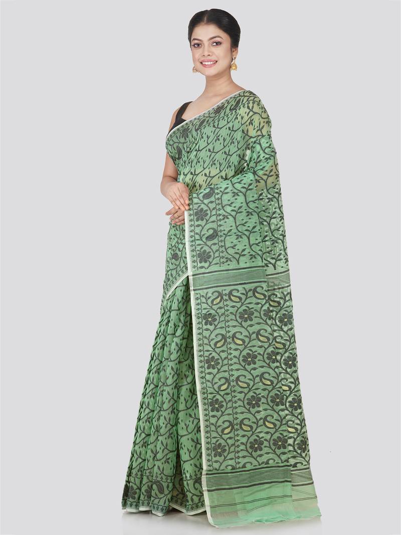 Pinkloom Women'S Green Hand_Woven Cotton Jamdani Saree Without Blouse