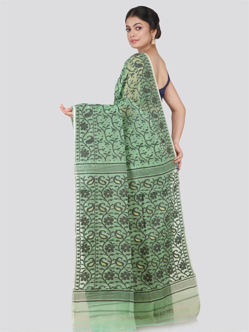 Pinkloom Women'S Green Hand_Woven Cotton Jamdani Saree Without Blouse