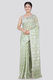 Pinkloom Women'S Green Hand_Woven Cotton Jamdani Saree Without Blouse