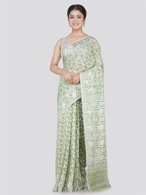 Pinkloom Women'S Green Hand_Woven Cotton Jamdani Saree Without Blouse 1
