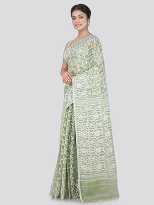 Pinkloom Women'S Green Hand_Woven Cotton Jamdani Saree Without Blouse 2