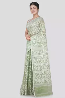 Pinkloom Women'S Green Hand_Woven Cotton Jamdani Saree Without Blouse