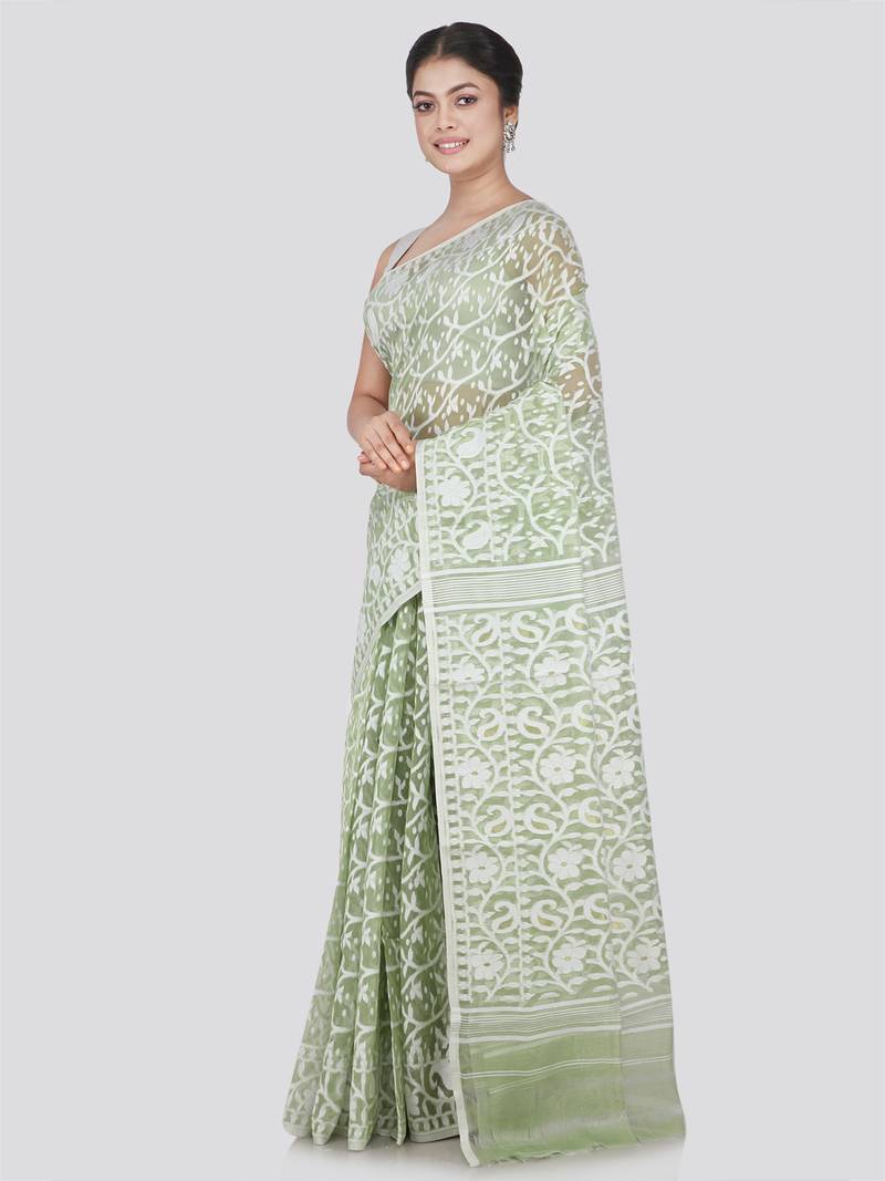 Pinkloom Women'S Green Hand_Woven Cotton Jamdani Saree Without Blouse