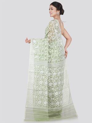 Pinkloom Women'S Green Hand_Woven Cotton Jamdani Saree Without Blouse 3