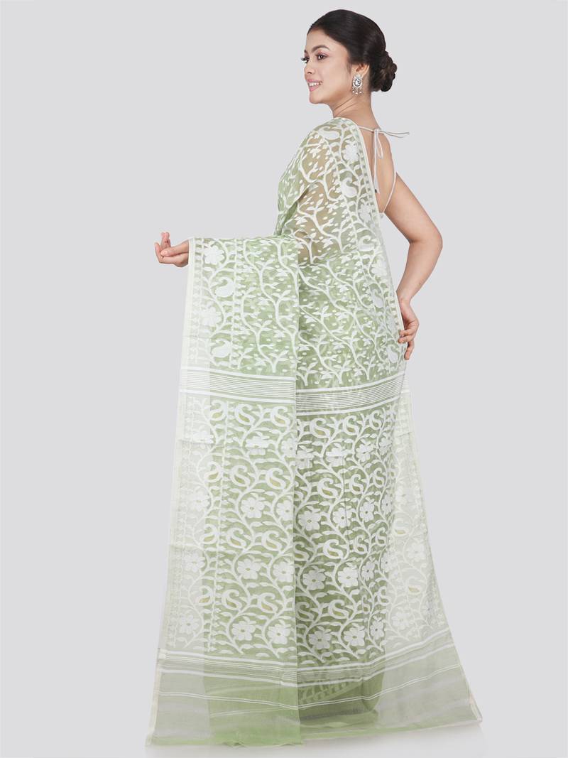 Pinkloom Women'S Green Hand_Woven Cotton Jamdani Saree Without Blouse