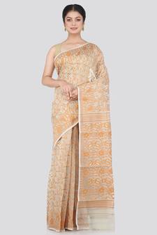 Pinkloom Women'S Beige Hand_Woven Cotton Jamdani Saree Without Blouse