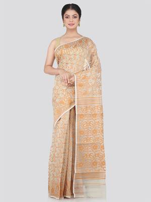 Pinkloom Women'S Beige Hand_Woven Cotton Jamdani Saree Without Blouse 1