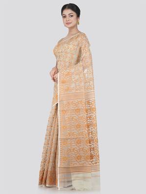 Pinkloom Women'S Beige Hand_Woven Cotton Jamdani Saree Without Blouse 2