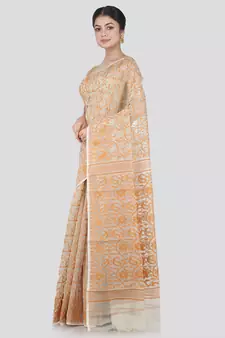 Pinkloom Women'S Beige Hand_Woven Cotton Jamdani Saree Without Blouse