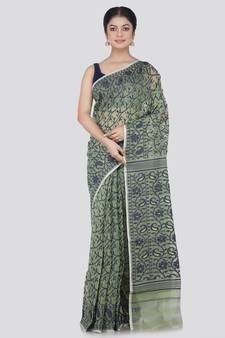 Pinkloom Women'S Green Hand_Woven Cotton Jamdani Saree Without Blouse