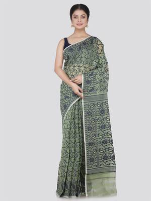 Pinkloom Women'S Green Hand_Woven Cotton Jamdani Saree Without Blouse 1