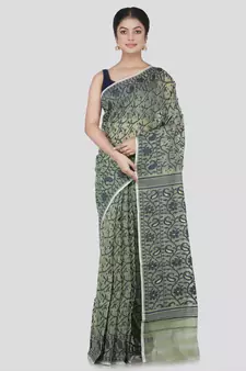 Pinkloom Women'S Green Hand_Woven Cotton Jamdani Saree Without Blouse