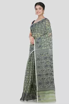 Pinkloom Women'S Green Hand_Woven Cotton Jamdani Saree Without Blouse