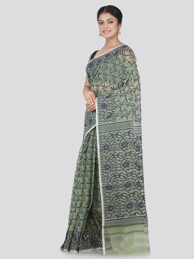 Pinkloom Women'S Green Hand_Woven Cotton Jamdani Saree Without Blouse