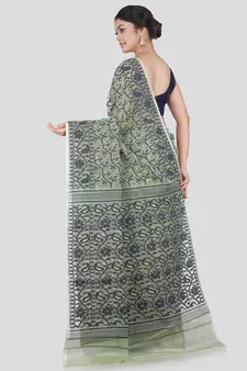 Pinkloom Women'S Green Hand_Woven Cotton Jamdani Saree Without Blouse