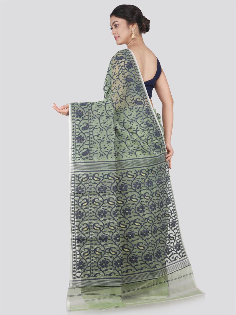 Pinkloom Women'S Green Hand_Woven Cotton Jamdani Saree Without Blouse
