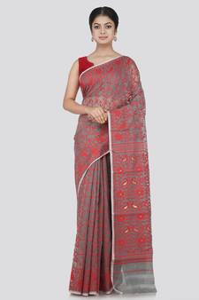 Pinkloom Women'S Grey Hand_Woven Cotton Jamdani Saree Without Blouse
