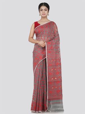 Pinkloom Women'S Grey Hand_Woven Cotton Jamdani Saree Without Blouse 1