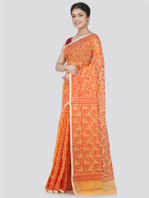 Pinkloom Women'S Yellow Hand_Woven Cotton Jamdani Saree Without Blouse 1