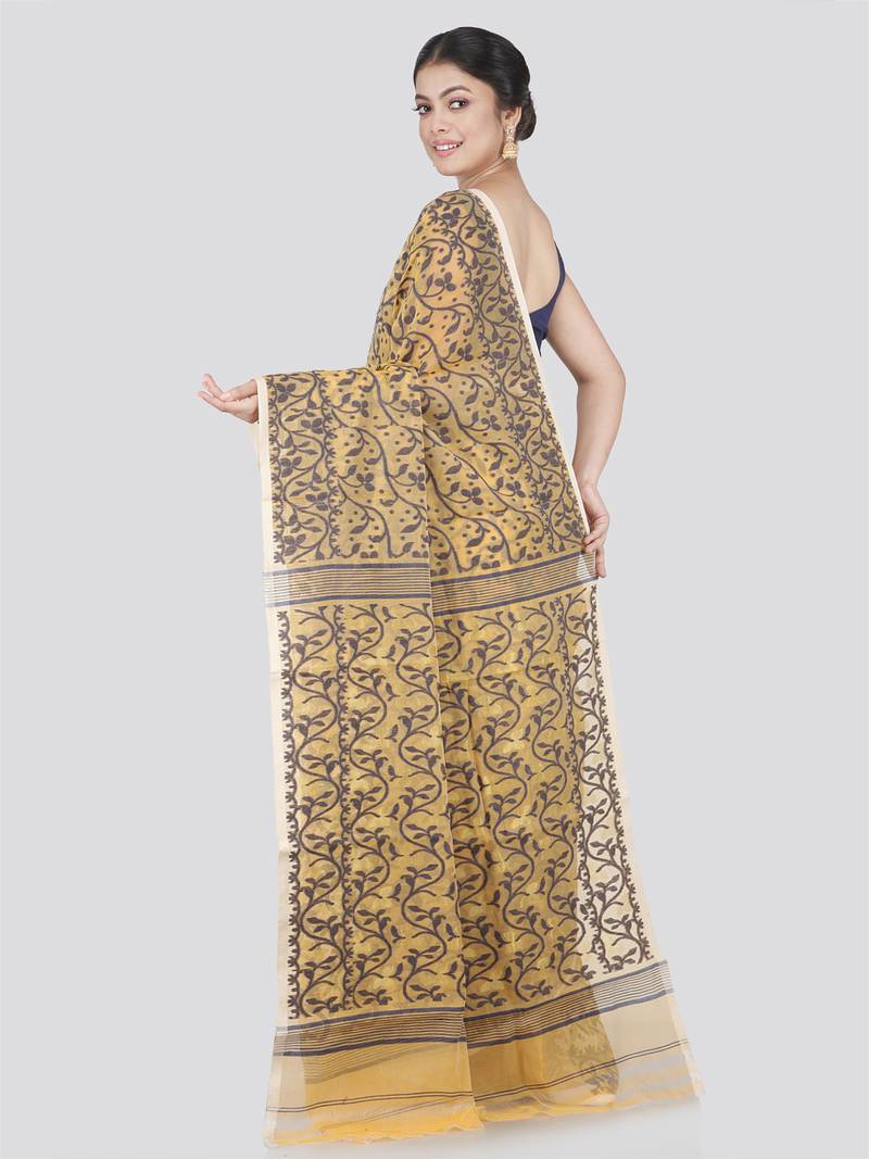 Pinkloom Women'S Yellow Hand_Woven Cotton Jamdani Saree Without Blouse