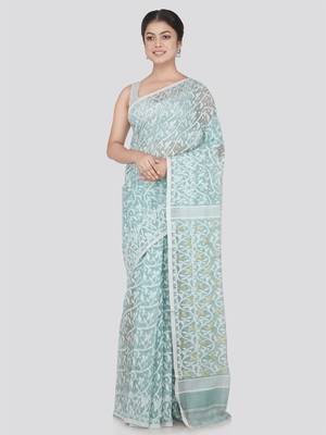 Pinkloom Women'S Grey Hand_Woven Cotton Jamdani Saree Without Blouse 1