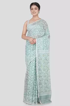 Pinkloom Women'S Grey Hand_Woven Cotton Jamdani Saree Without Blouse