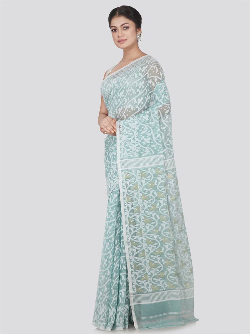 Pinkloom Women'S Grey Hand_Woven Cotton Jamdani Saree Without Blouse