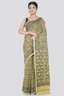 Pinkloom Women'S Beige Hand_Woven Cotton Jamdani Saree Without Blouse