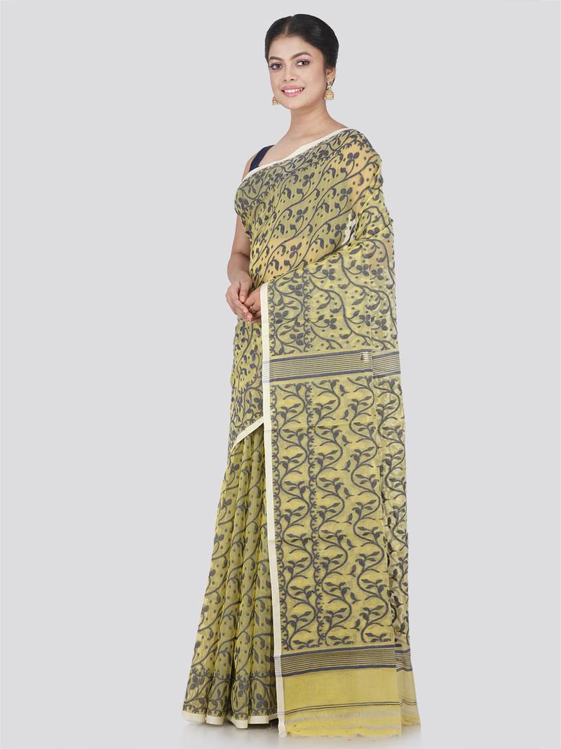 Pinkloom Women'S Beige Hand_Woven Cotton Jamdani Saree Without Blouse